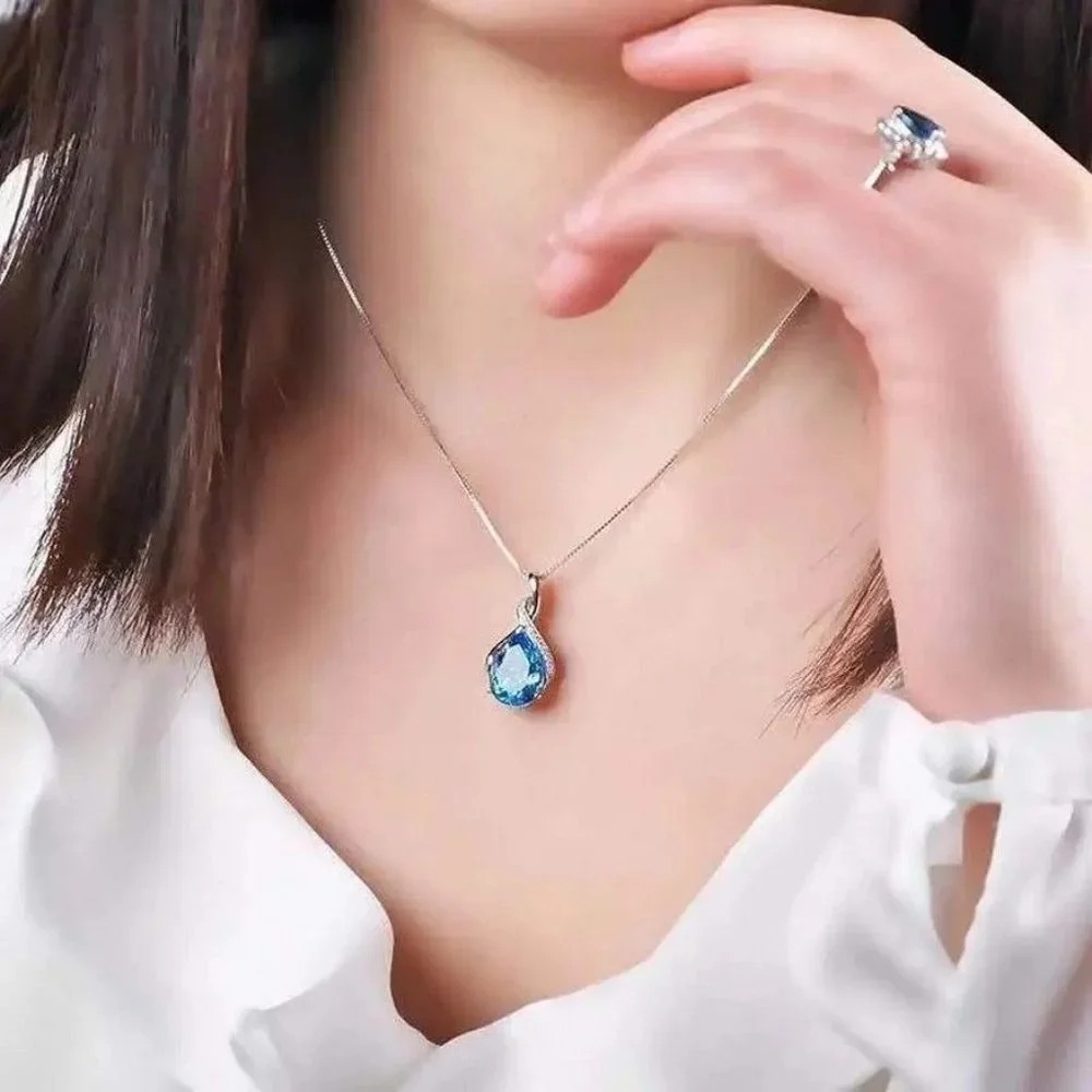 Brianna Teardrop Blue Topaz 925 Sterling Silver Pendant Necklace Gift Boxed - Picture 4 of 8